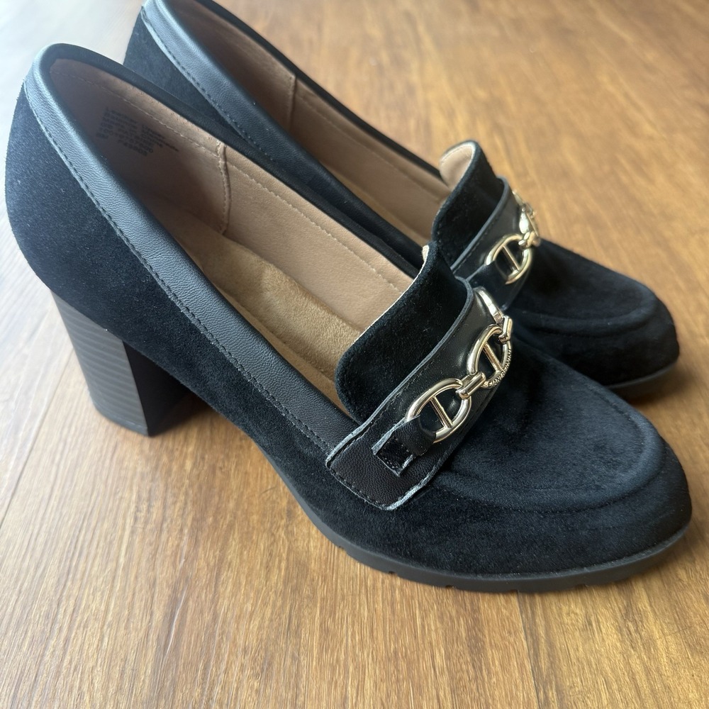 Giani Bernini Loafer Block Heel 8 Black Suede Leather Gold Chain Patsiee Pumps